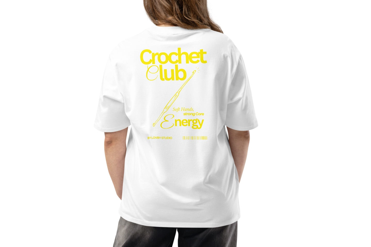 Crochet Club │ Oversized White T-Shirt Yellow Print